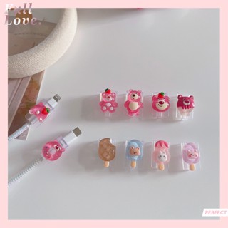 Cable Bite 可愛草莓熊冰淇淋透明 TPU USB 充電線保護套繞線器收納盒相容 iphone/Android/