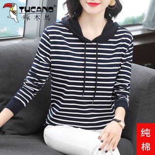 T恤 純棉條紋長袖女春秋連帽t恤 韓版寬松大碼中年媽媽減齡上衣