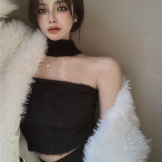 秋冬新款 針織衣 打底衫女春秋小可愛吊帶背心內搭抹胸無袖上衣純欲風性感掛脖水貂絨毛衣1109【潮韓時尚生活館】