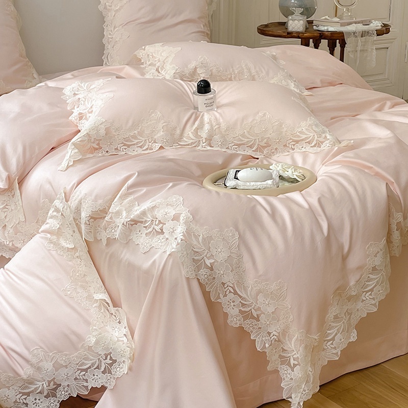 【小九九】店主推薦 高品質法式公主風 高端蕾絲花邊被套 簡約白色120S長絨棉純棉四件組 浪漫舒適 床單 床包 雙人床包