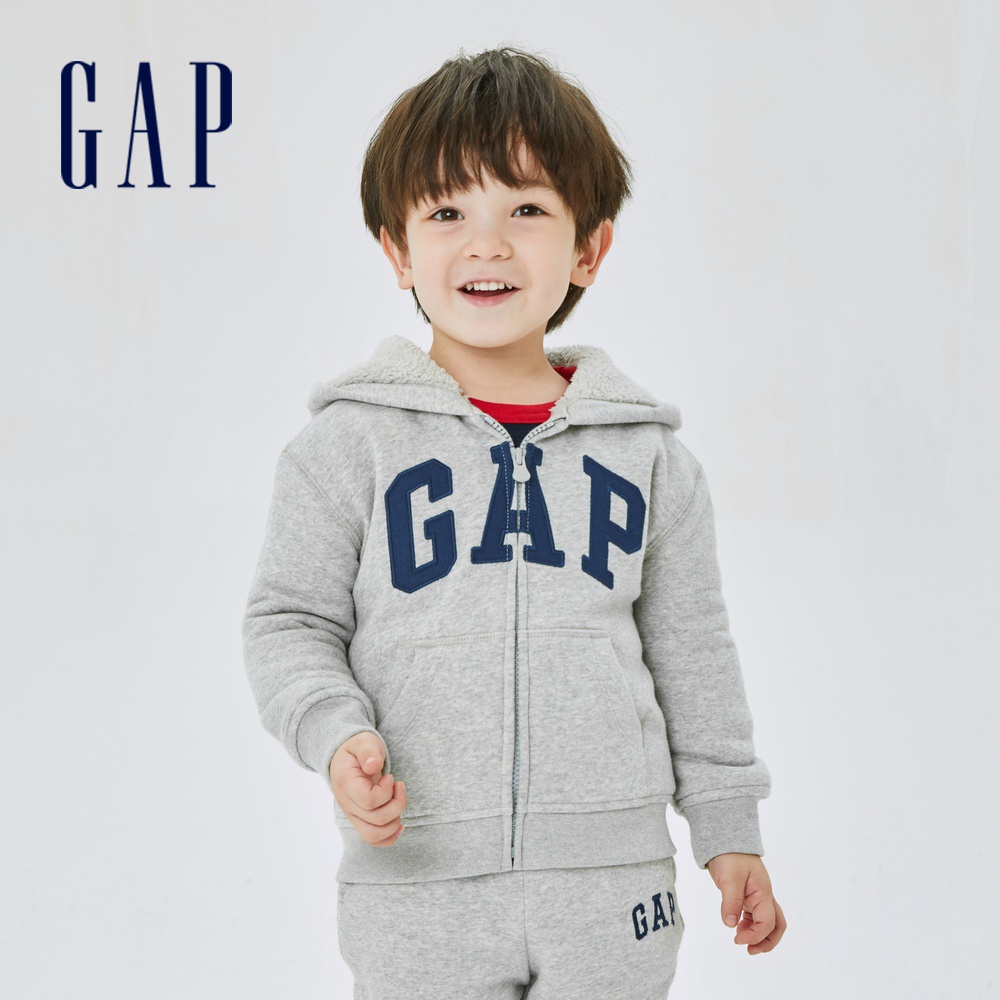 Gap 男幼童裝 Logo仿羊羔絨連帽外套-淺灰色(431690)