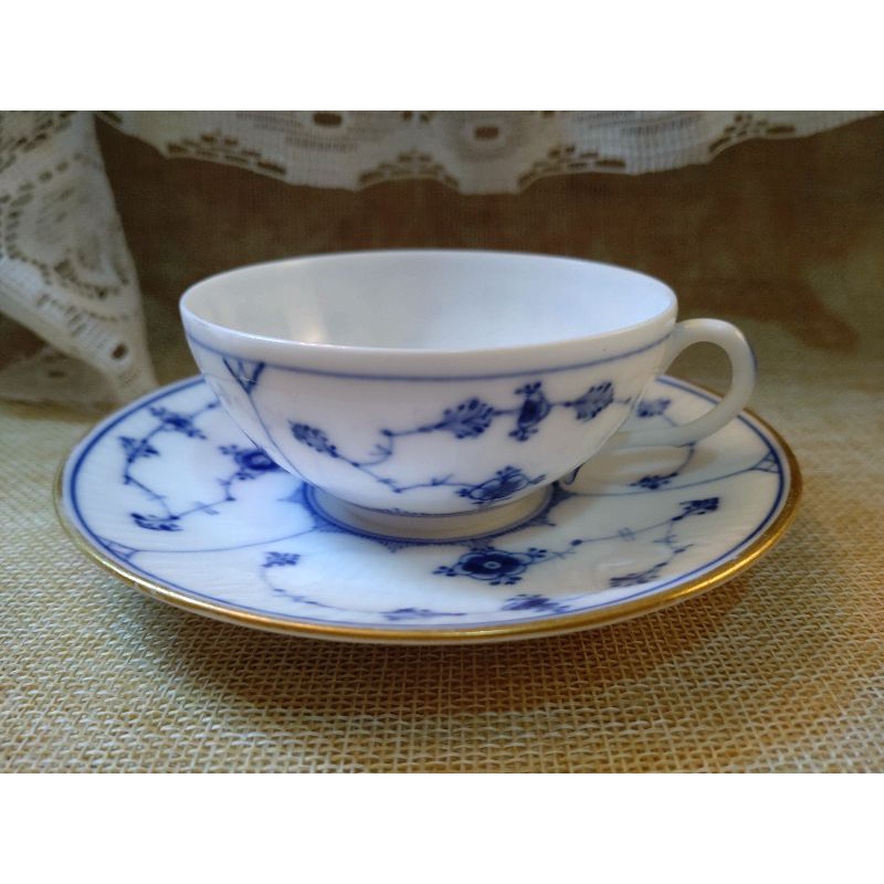 1870~1900s 稀有古董件/皇家哥本哈根 Royal Copenhagen/手繪 平邊唐草 金邊碟盤 茶杯杯盤組