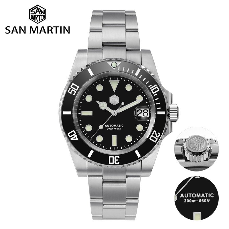 聖馬丁 SN017-G V3 手錶綠色黑色錶盤水鬼潛水手錶男士豪華自動機械手錶 20BAR 運動