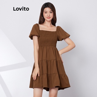 Lovito 休閒素色褶皺泡泡袖A字裙收腰氣質法式 L29ED022 (摩卡棕色)