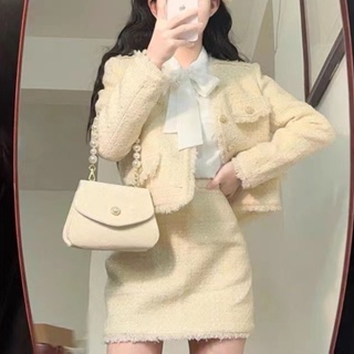 韓版洋裝套裝 小香風氣質 韓劇女主 短版上衣+短裙兩件套裝 白色外套洋裝秋冬