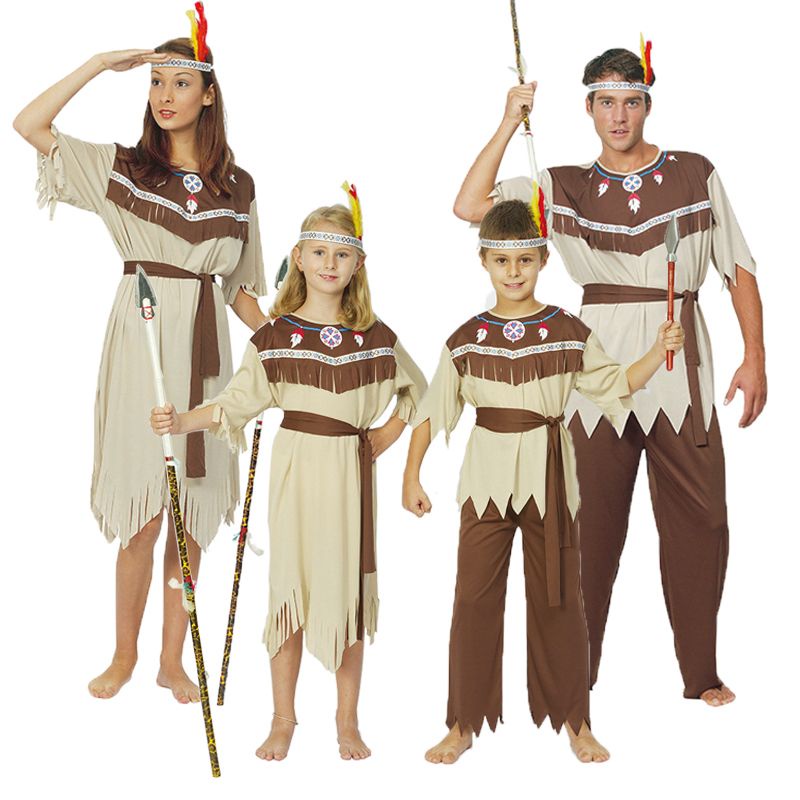 cosplay女印第安人親子表演服裝 萬聖節成人男土著原始野cosply costumes