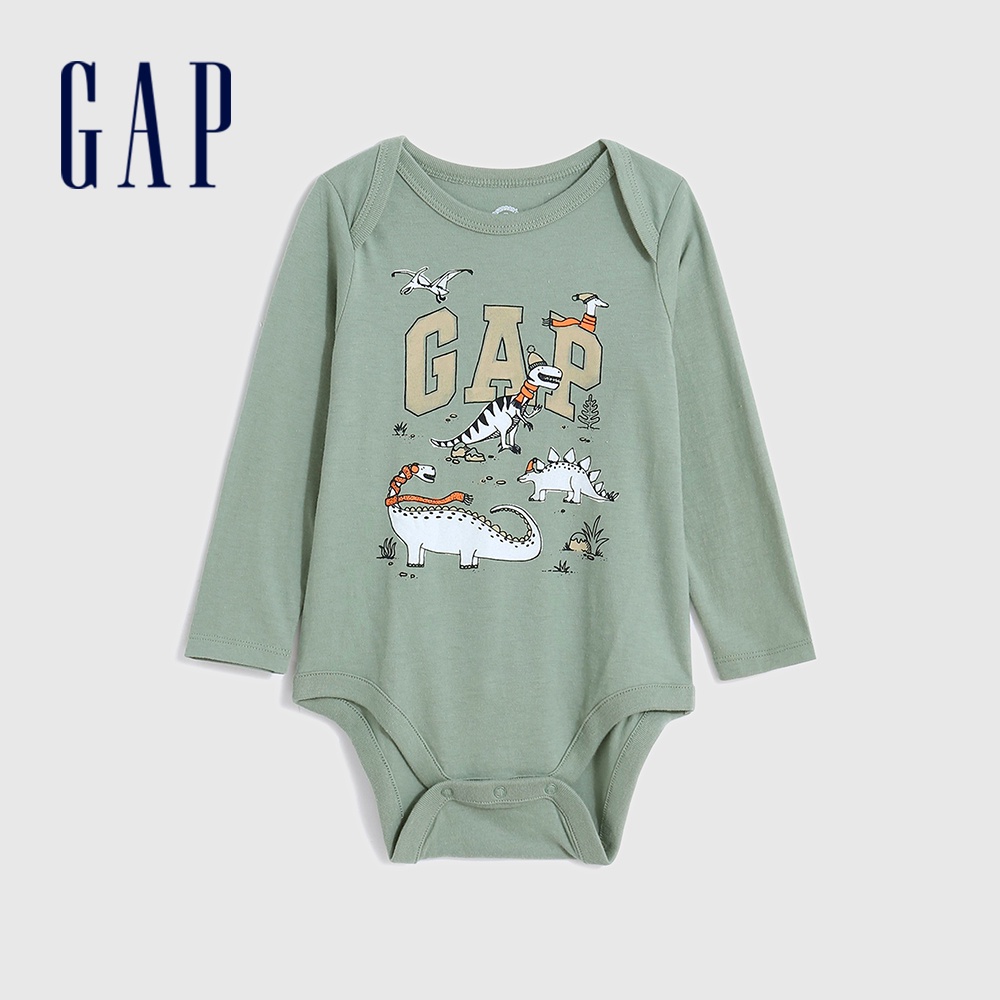 Gap 嬰兒裝 Logo純棉印花長袖包屁衣 布萊納系列-綠色(617603)