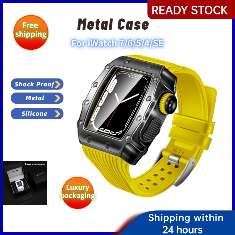 Iwatch 系列金屬錶殼 40 毫米 41 毫米 44 毫米 45 毫米保護套帶鋼化玻璃屏幕保護膜 Apple Wat