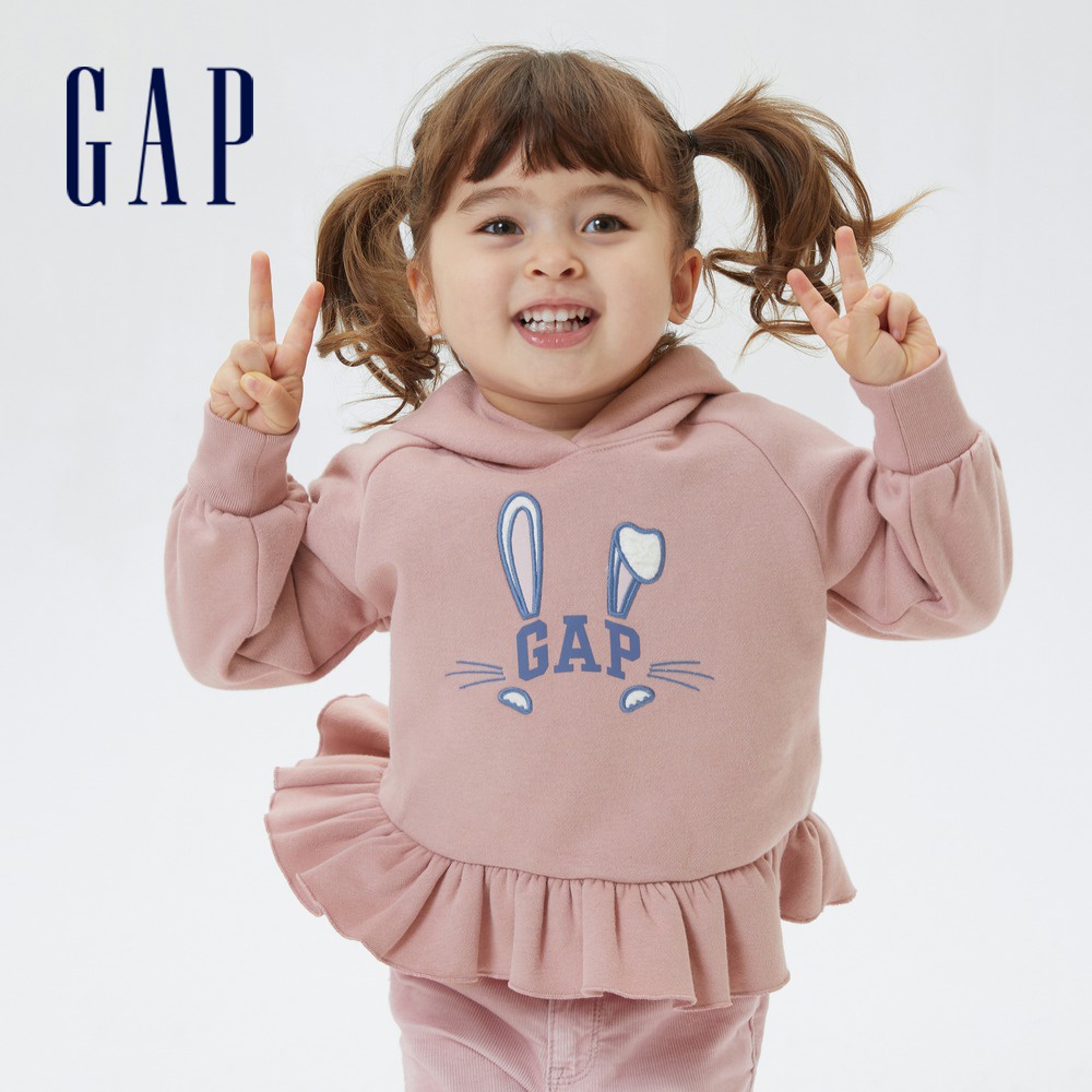 Gap 女幼童裝 Logo刷毛帽T 碳素軟磨系列-粉色(507047)