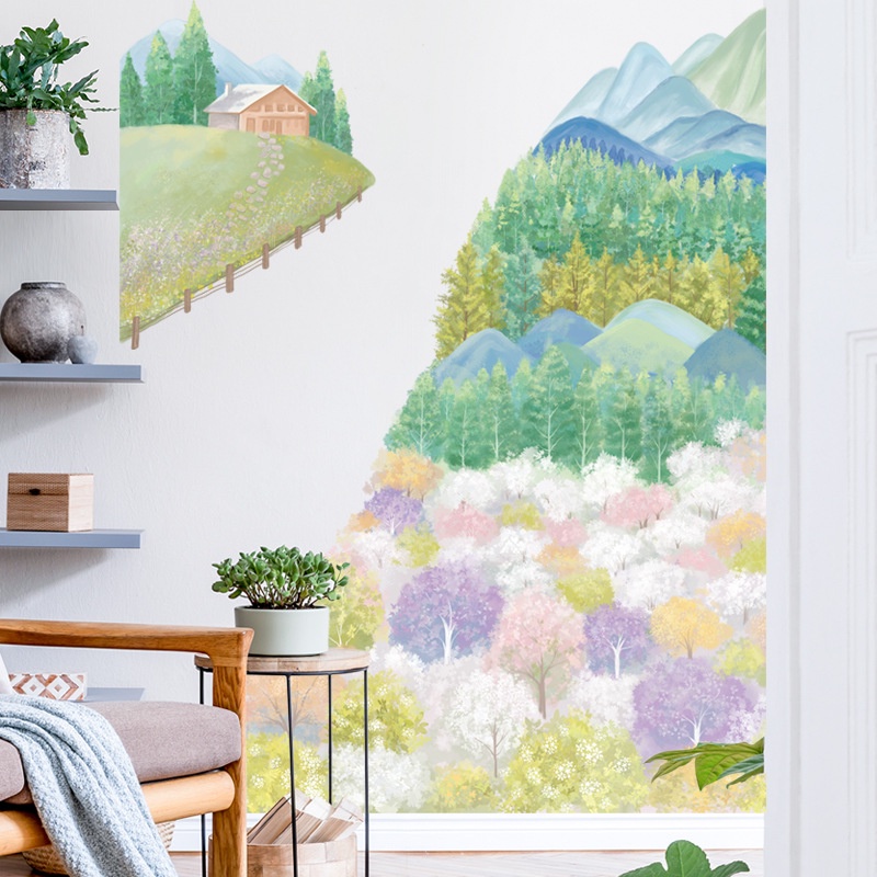 五象設計 彩虹小樹裝飾貼畫山丘鄉村臥室背景壁紙盆裁植物可移除壁紙畫