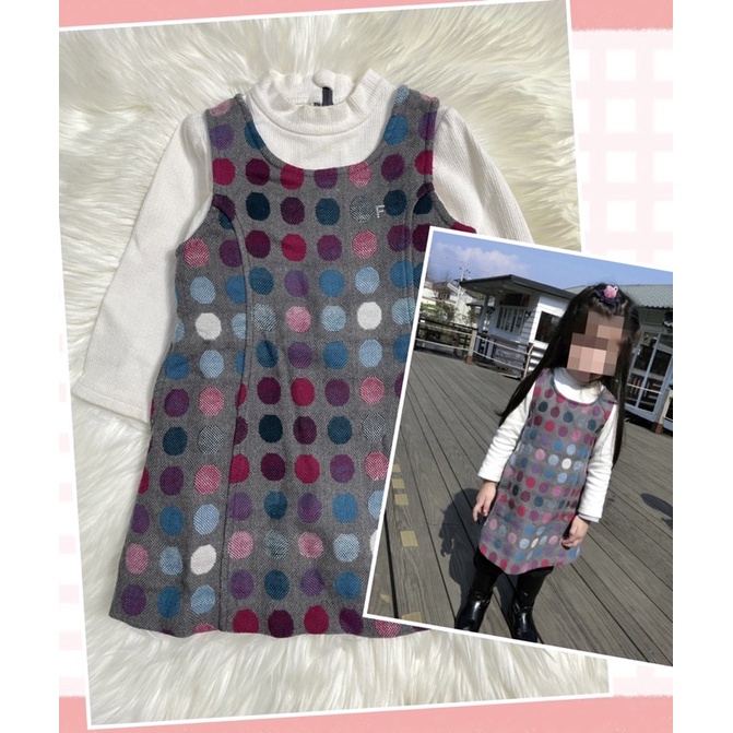 麗嬰房 台灣製 立領 假二件 彩色點點 長袖 洋裝 3歲