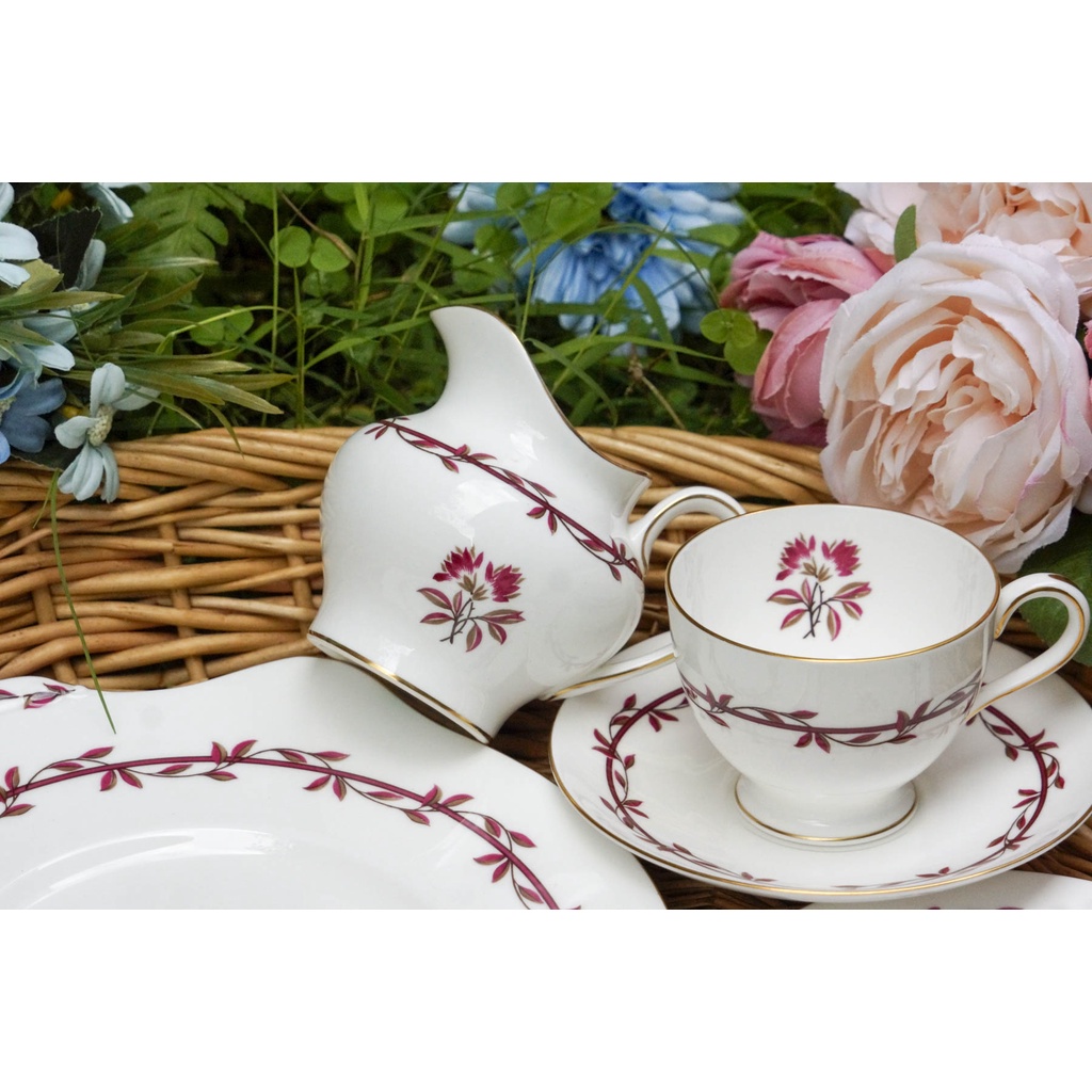 【旭鑫】Minton 洋紅色小花系列 英國 骨瓷 瓷器 下午茶 杯組 茶杯 咖啡杯 糖碗 牛奶壺 蛋糕盤 E.50