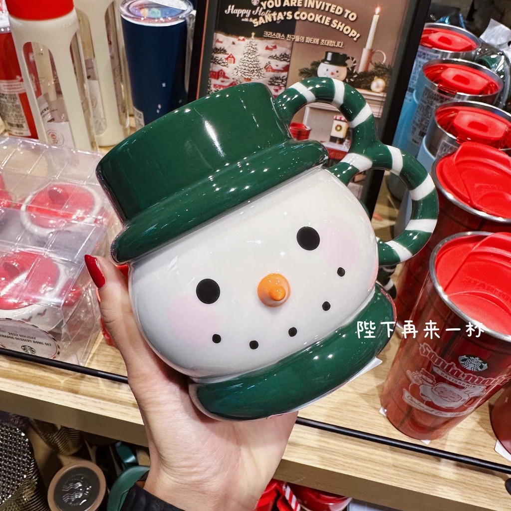 Starbucks官方正品！韓國星巴克杯子2022聖誕節綠色雪人馬克杯陶瓷果汁珍奶茶奶昔茶水咖啡杯473ml