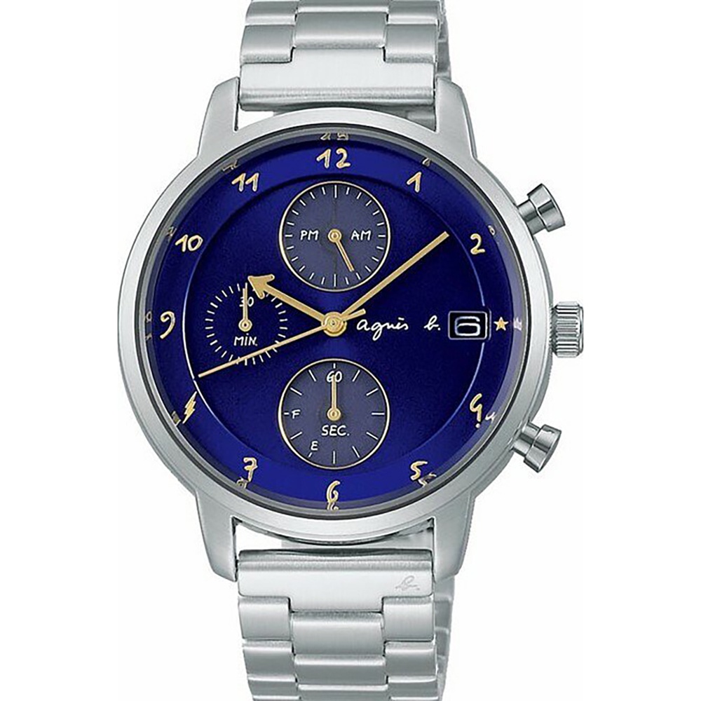 agnes b 藍眼風個性鋼錶帶太陽能男錶 藍/銀 40mm(BZ6007X1/ VR43-KMJ0B)