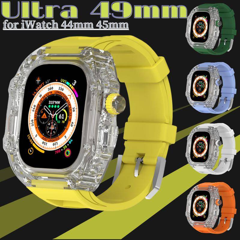 運動手錶改裝套裝 適用Apple Watch Ultra 49mm矽膠錶帶 透明錶殼 s8 7 6 5 4 SE 44