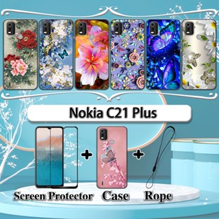 NOKIA 2 合 1 諾基亞 C21 Plus 手機殼帶鋼化玻璃曲面陶瓷螢幕保護膜花