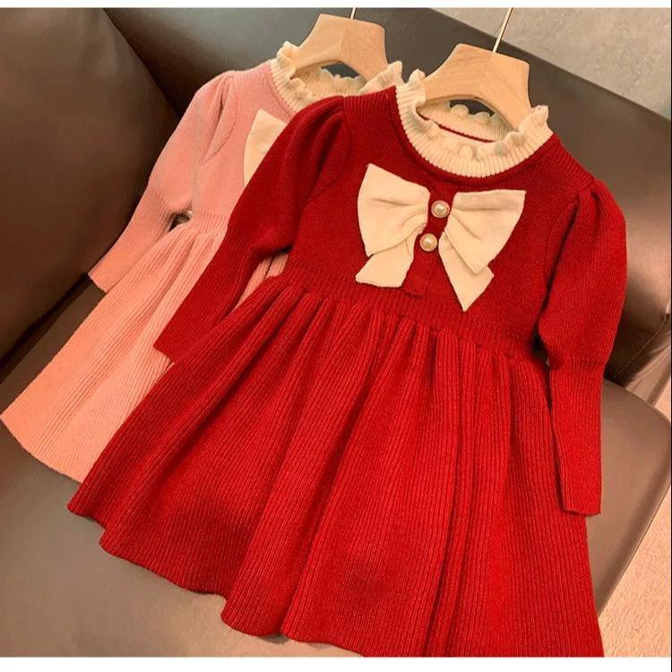 女童洋裝 洋裝秋冬 女童新年裝 女童秋裝洋裝 兒童拜年服 紅色公主裙 韓版洋裝 寶寶洋氣禮服