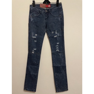 【18139-1】Jeans Cool 牛仔長褲 長褲 深藍 九分窄管鉛筆褲 不規則破損造型 深復古色系 破褲 刷色