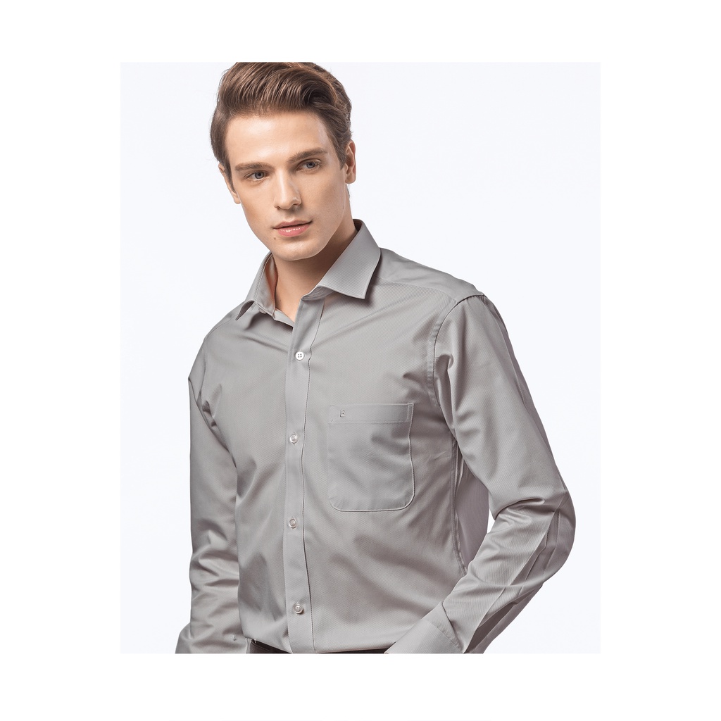 【羅德貝爾】淺灰色單斜紋長袖修身襯衫 / 舒適透氣