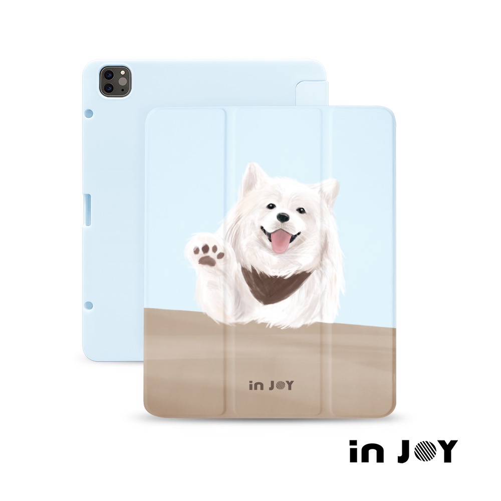 INJOY｜iPad 12.9/Air5/iPad 9/mini 6 笑臉天使薩摩耶犬 附筆槽平板保護套
