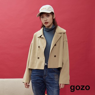 【gozo】◢造型別針毛呢雙排釦短版外套(黃色/深綠_F)｜最新 顯瘦 保暖