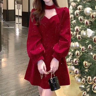 【臺灣 出貨】■✺㍿聖誕裝 聖誕節套裝 聖誕節服裝 大尺碼紅色洋裝 宮廷風蝴蝶結絲絨連衣裙 女 泡泡袖收腰顯瘦A字裙