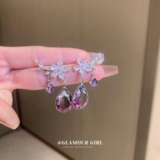 銀針樹枝花朵鋯石水晶時尚優雅氣質耳環
