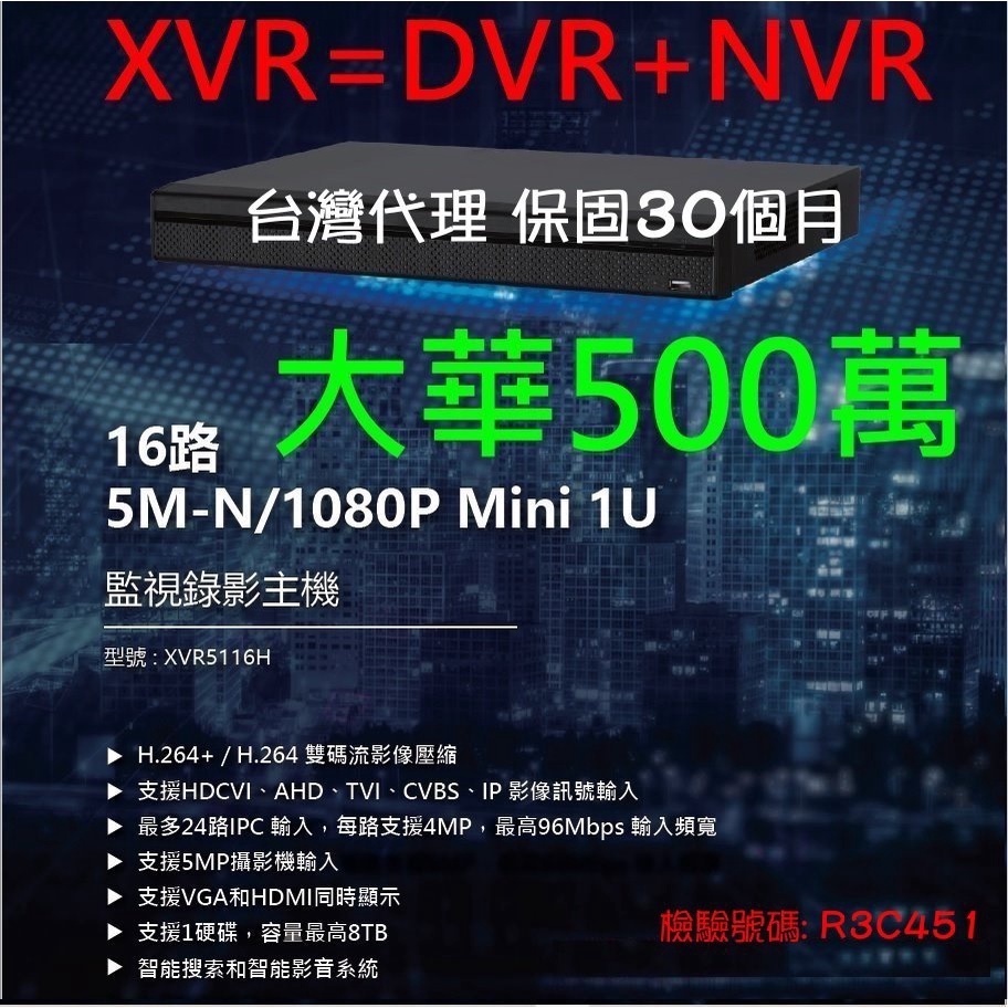 含發票【16路1音混合型XVR】防駭大華500萬H265 AHD TVI CVI 類比 IPC@就是這個光玩美推薦監視器