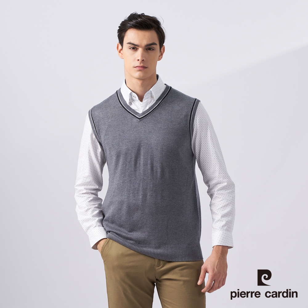 【pierre cardin 皮爾卡登】男款 羊毛混紡素色V領毛衣背心-灰色 (7225461-95)