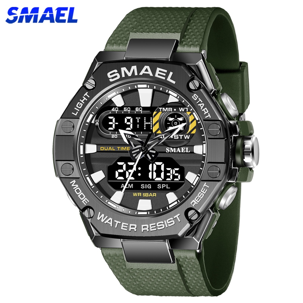 Smael 8066 頂級品牌運動男士手錶 Led 燈雙顯示學生手錶男軍用合金錶殼秒錶手錶