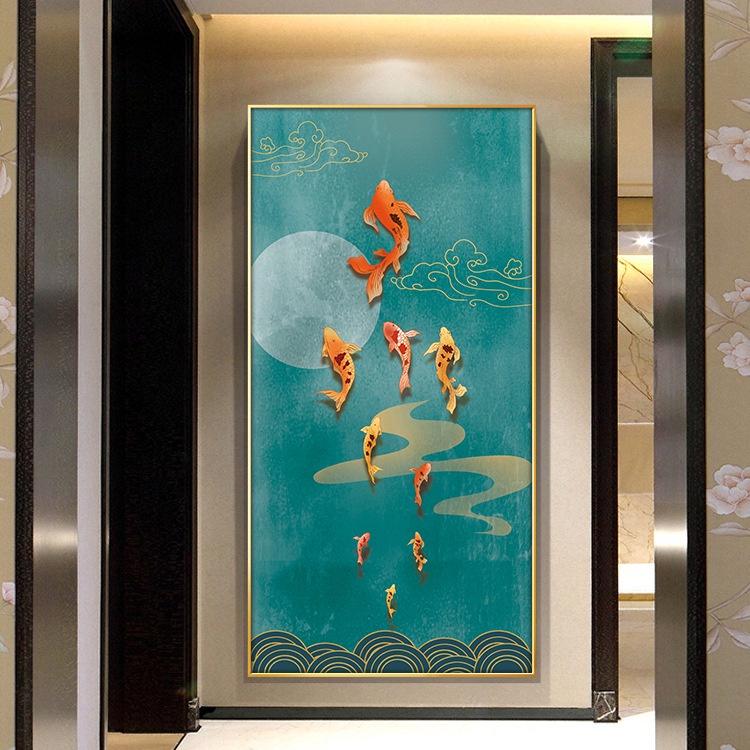 玄關裝飾畫條九魚圖入戶入門紅鯉魚壁畫