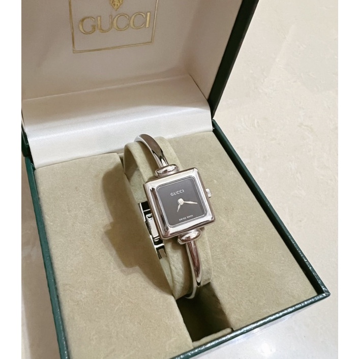 GUCCI 正品 銀色方形簡約腕錶 黑色 金屬 1900L 方錶 手環錶 Vintage 女錶 古董錶 秀氣 日本 手表