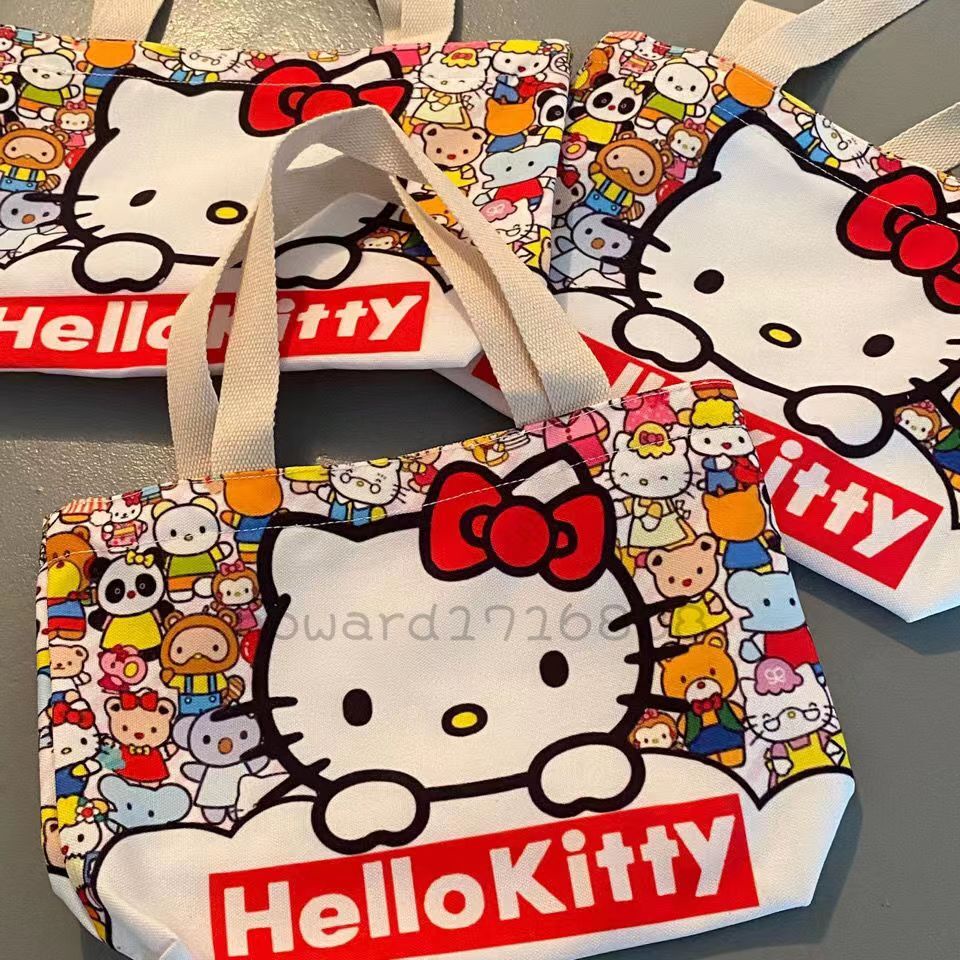 Hello Kitty帆布袋 卡通凱蒂貓手提單肩包 日系便攜大容量購物袋 裝書包 學生上課包包 帆布包 單肩包 KT包包