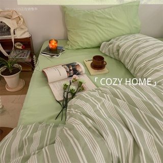 COZY HOME 韓系床包組 綠色系條紋床包 40支純棉床包三/四件組 ins韓國撞色復古條紋床組 單人床單組 雙人/