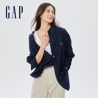 Gap 男女同款 清爽小熊刺繡寬鬆長袖襯衫-海軍藍(820158)