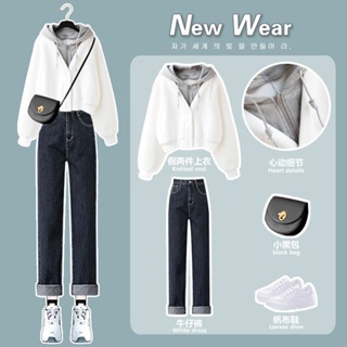 【XM】新款大码女装秋冬套装女2022新款洋气假两件卫衣显瘦百搭牛仔裤两件套