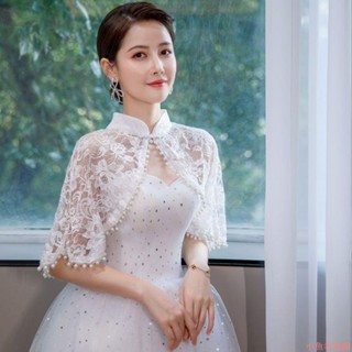 🌸仙氣飄飄💗韓式披肩夏季蕾絲珍珠斗篷馬甲坎肩婚紗新娘禮服搭配裙子復古高領