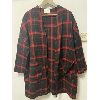《二手》韓國秋冬溫暖慵懶黑紅格子針織罩衫外套