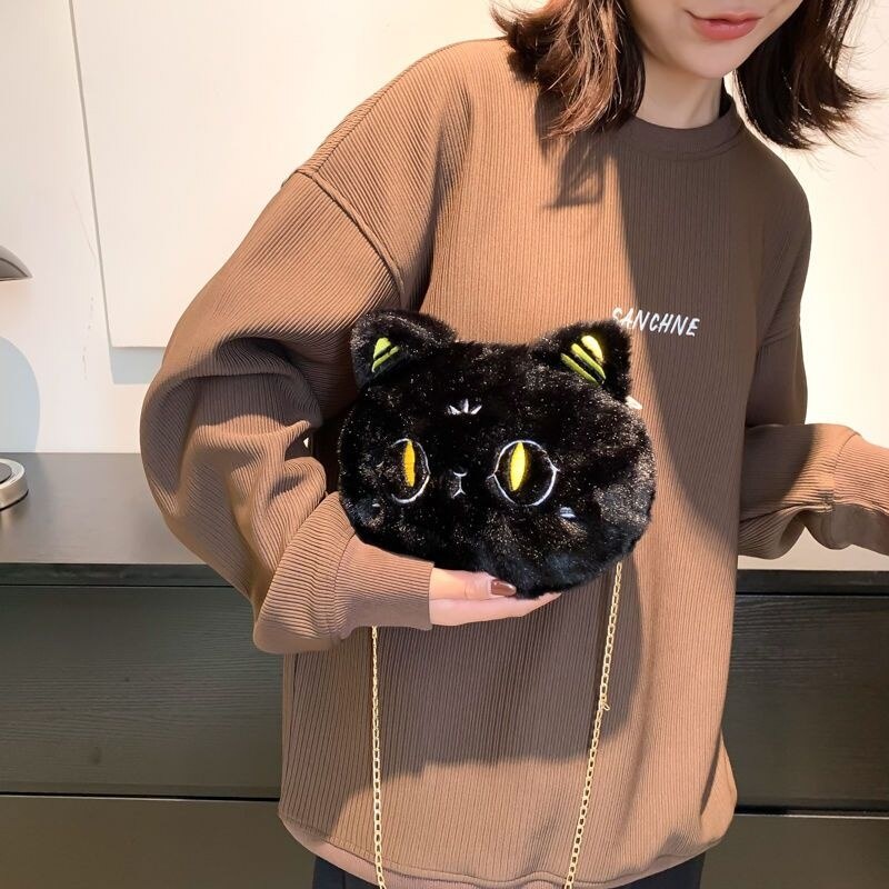 【Fundi】大英博物館 安德森貓 可愛斜挎小包 手機包 毛絨貓 頭刺繡斜背包包  女