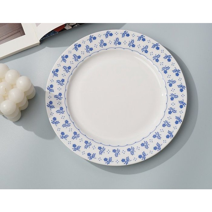 韓風藍色小玫瑰陶瓷點心盤 藍色 白色 陶瓷圓盤 菜盤 西餐盤 點心盤 早餐盤 餐具【波仔家生活雜貨舖】