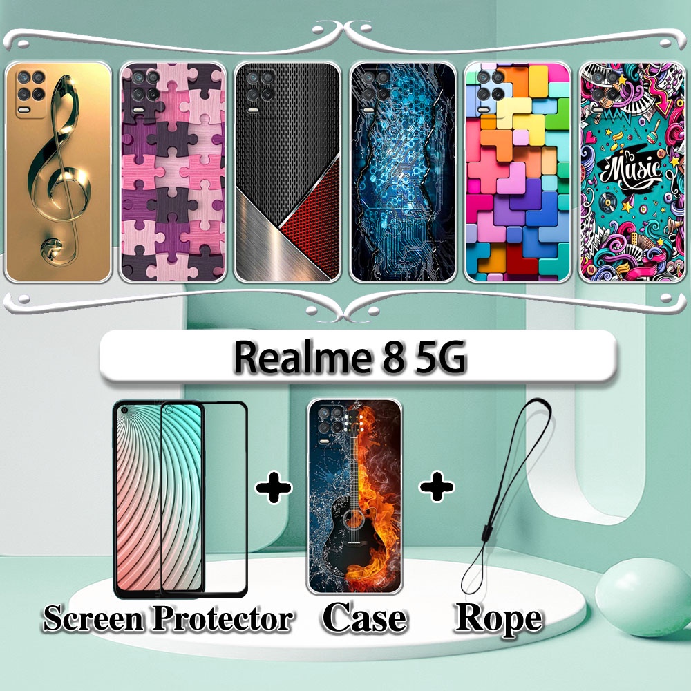 2 合 1 Realme 8 5G 手機殼帶鋼化玻璃曲面陶瓷屏幕保護膜音樂