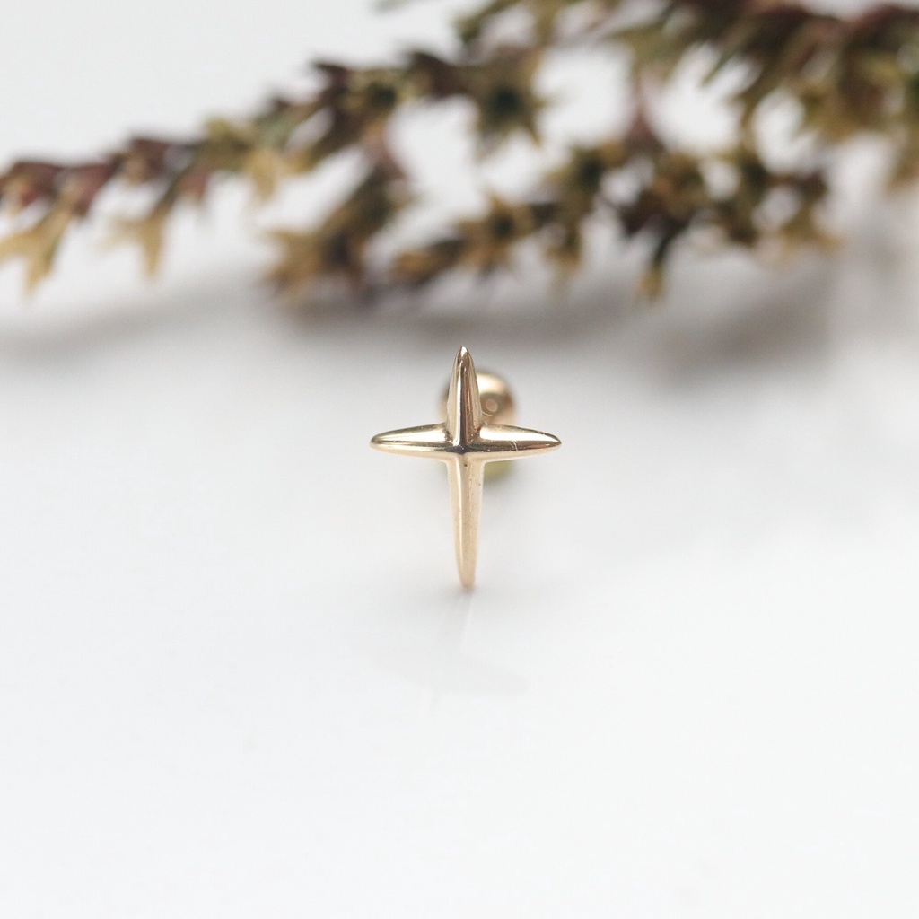 14K 3D Cross Piercing 立體十字架鎖珠耳環 (單個)K金耳環