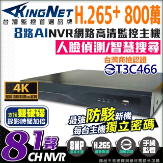 監視器 800萬畫素 8MP 4K 8路 NVR H.265+ 網路監控主機 AI智慧搜尋 雙硬碟 人臉偵測 防駭客