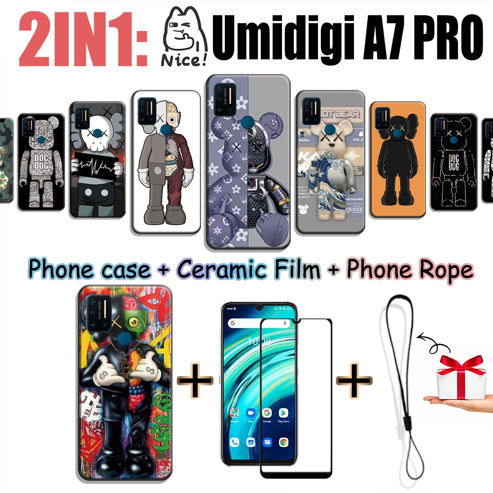 2 合 1 適用於 Umidigi A7 PRO 手機殼,帶鋼化玻璃曲面陶瓷膜和手機繩熊