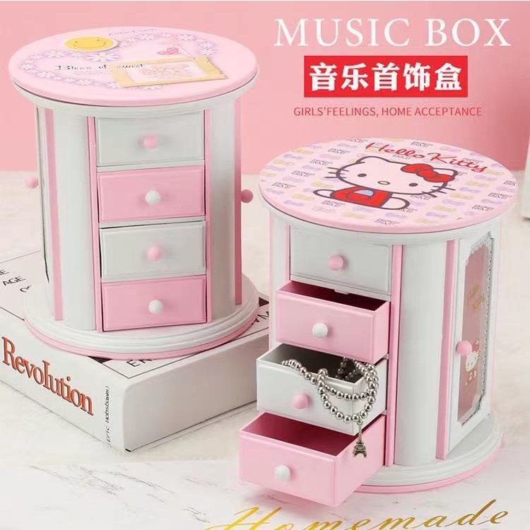 Hello Kitty音樂盒 可愛凱蒂貓KT貓可旋轉發條音樂盒 女生項鍊首飾盒收納盒 帶兩門三抽屜鏡子 精緻擺件禮物禮品