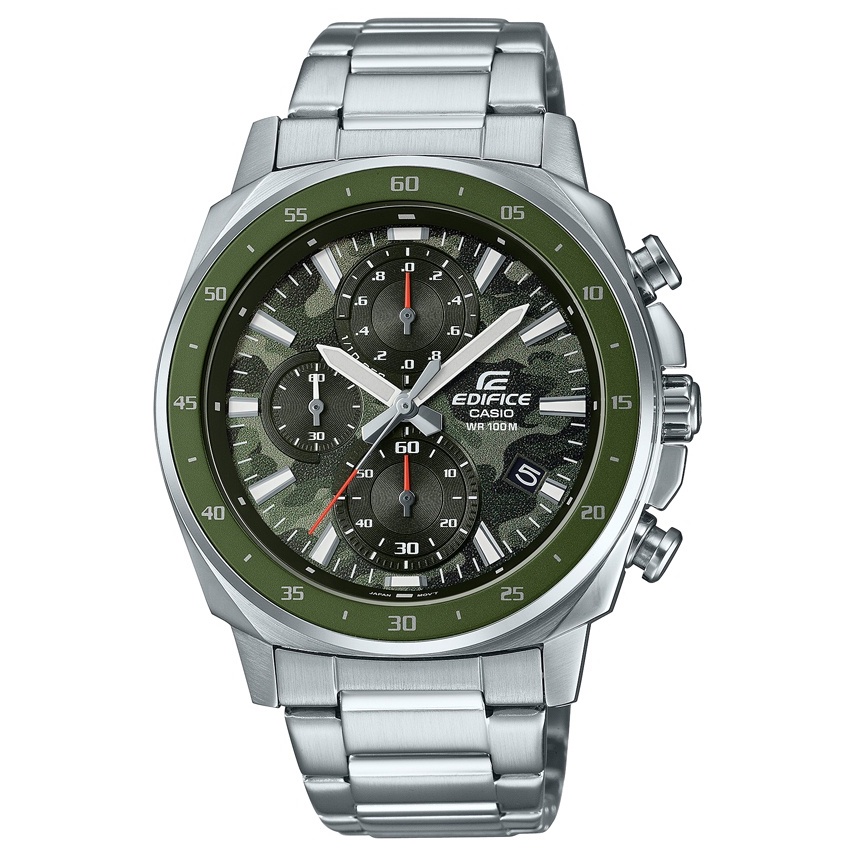 【CASIO】EDIFICE 經典三針三眼漸層混搭日期顯示不鏽鋼錶-墨綠面(EFV-600D-3C)