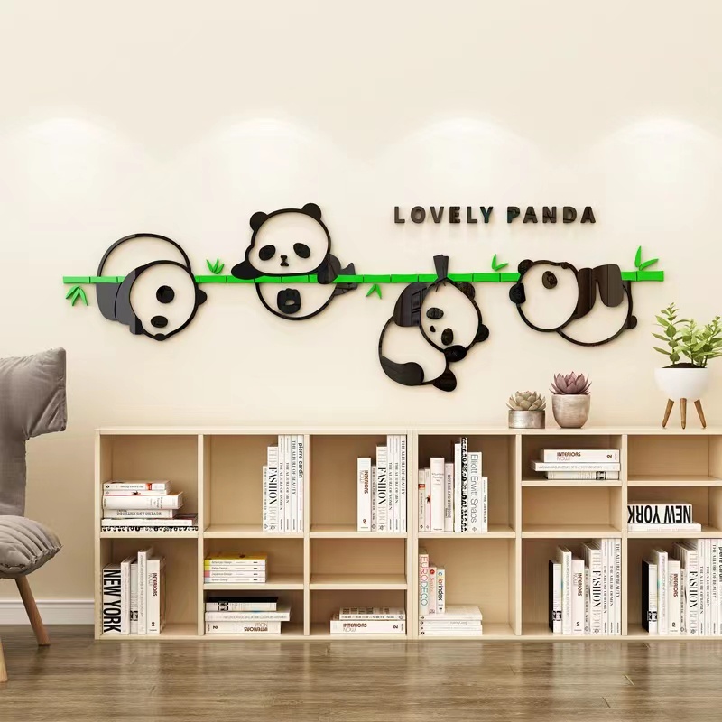 可超取可爱的4只熊貓組合牆貼3d亞克力防水壁貼幼兒園牆面環保裝飾牆貼畫
