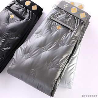 （白鴨絨羽絨褲）（冬季必備加絨褲可外穿）冬季加厚禦寒白鵝絨個性壓膠亮麵男女情侶青年戶外防水休閒羽絨褲