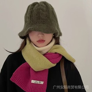 ins韓國代購小羊標撞色三色拼色毛線針織圍巾女保暖披肩圍脖潮冬