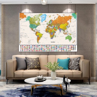 世界物理地圖與國旗教育和文化無紡布噴塗世界地圖 150x100cm 牆貼裝飾